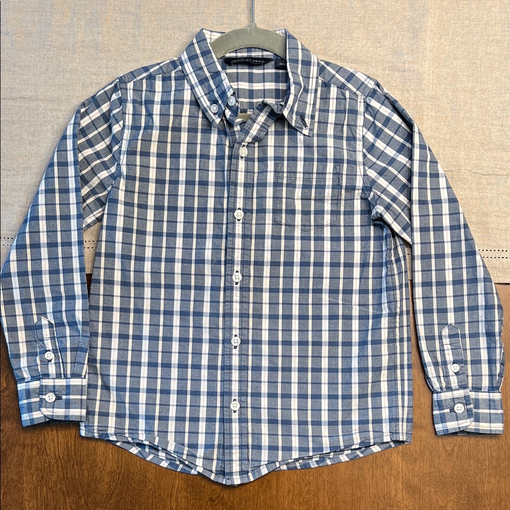 Janie and Jack Boys size 5 Navy and White Plaid Shirt